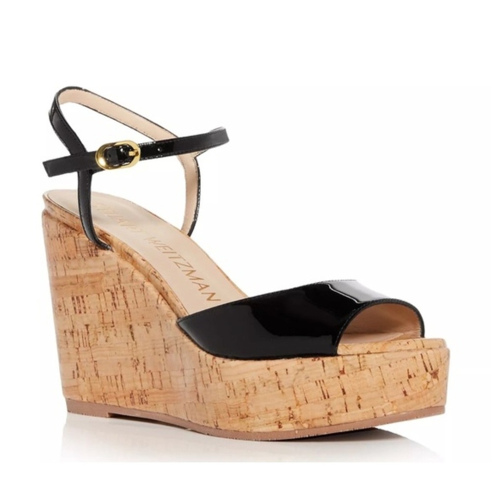 Stuart Weitzman Palmina Black Patent Leather Cork Wedge Sandals Platform Spain 9